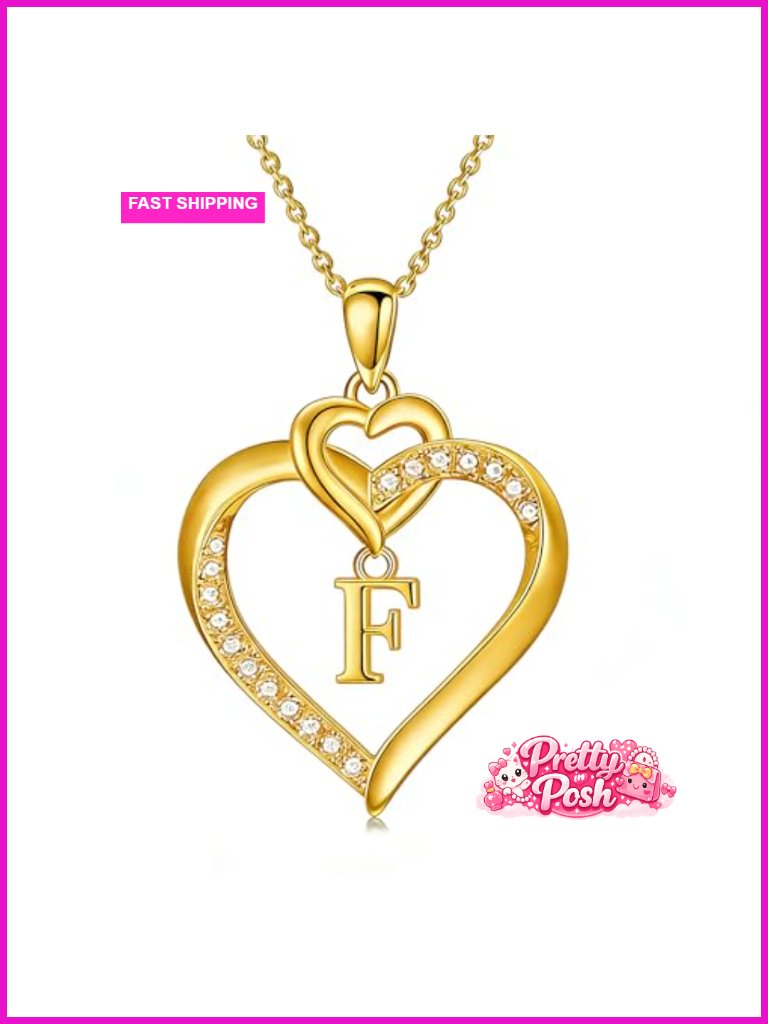 18k Gold Heart Initial Pendant Necklace For Women Cubic Zirconia